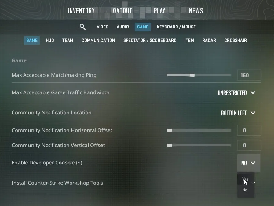 enable developer console cs2
